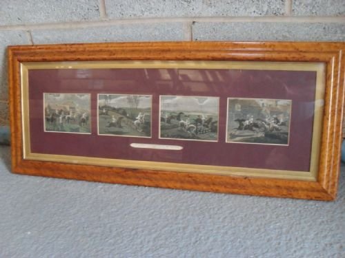 Four 19th Century Facsimiles Prints First Steeple Chase in Maple Frame
