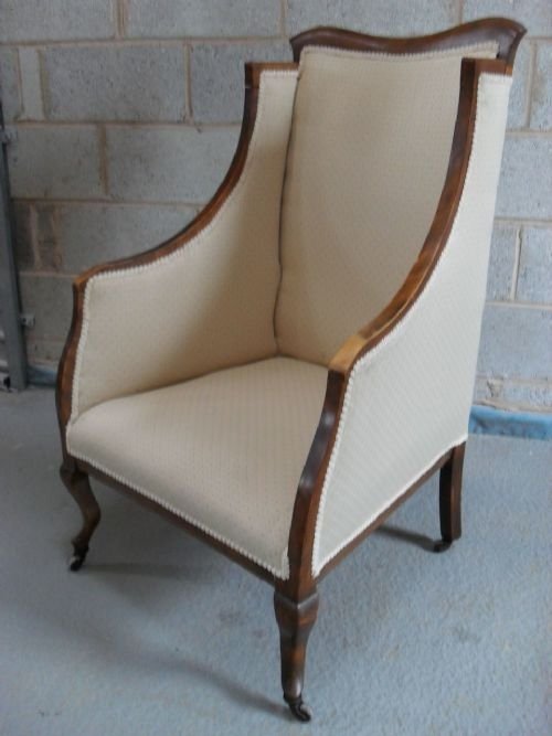 Edwardian Beech Framed Upholstered Box & Wing Armchair
