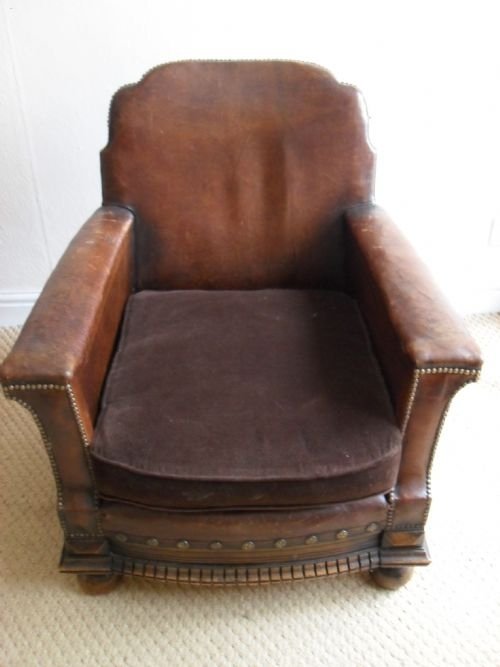 Leather Upholstered and Brass Studded Old Armchair