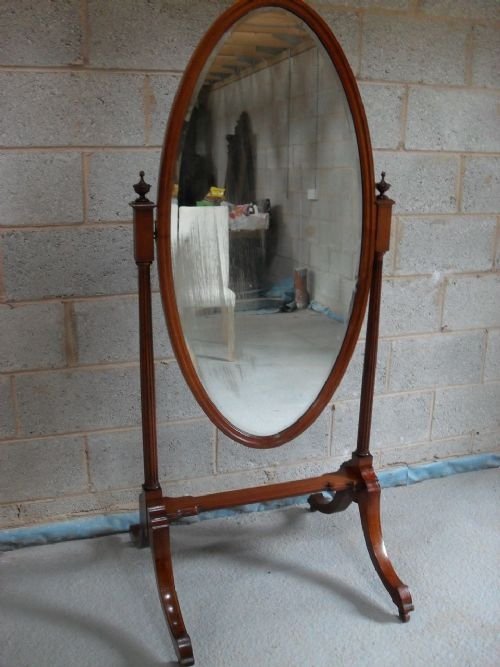 Oval Shaped Victorian Mahogany Inlaid Cheval Mirror
