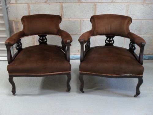 Pair of Edwardian Mahogany Tub Chairs in Choc. Brown

