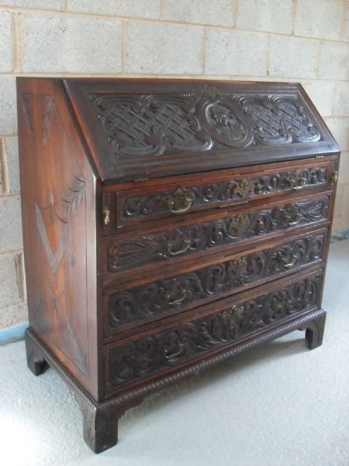 Georgian Carved Mahogany Bureau with Fitted Interior
