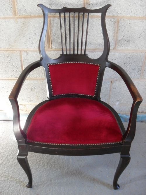Edwardian Upholstered Mahogany Armchair with Lyre Back