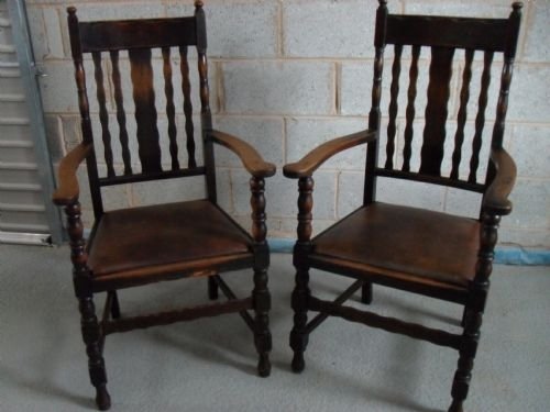 Pair of Oak Open Carver Chairs with Slat Backs