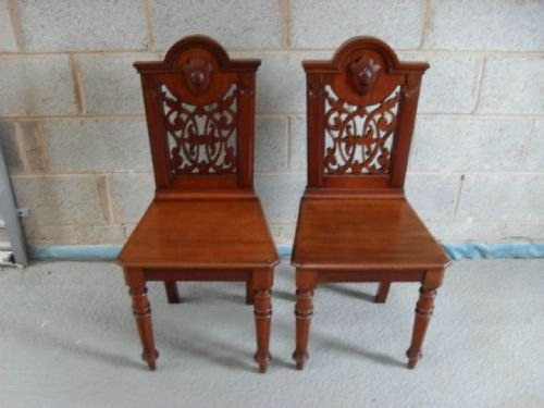 Pair of Victorian Mahogany Fretted Backed Hall Chairs
