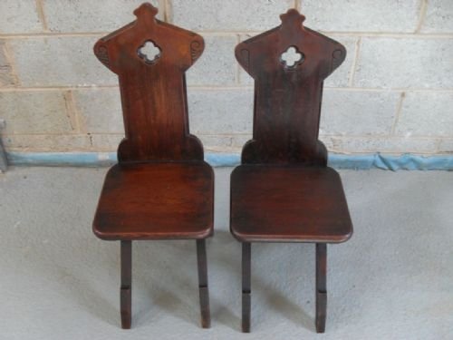 Pair of 19th Century Gothic Influenced Oak Hall Chairs

