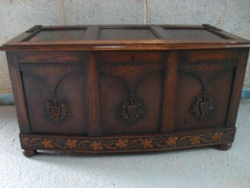 Oak 3 Panelled Coffer with Carvings to Panels
