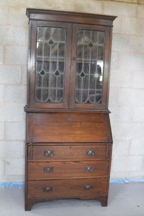 Oak Bureau Bookcase with Leaded Windows