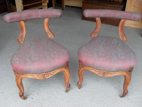 Pair of Victorian Carved Walnut Ladies Side Chairs
