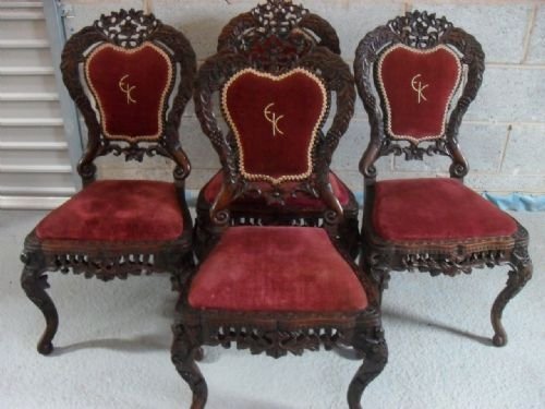 4 19th Cent. Indian Carved Rosewood Balloon Back Chairs