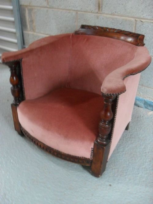 Low Oak Frame Tub Armchair with Turned Front