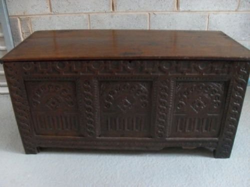 18th Century Oak Triple Panelled Carved Coffer