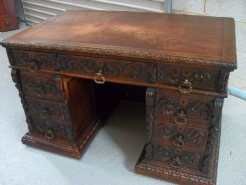 Victorian Carved Oak Twin Pedestal Desk