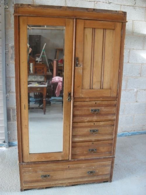 Victorian Pine Compactum Wardrobe with Mirrored Door
