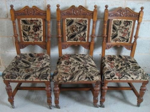 	
3 Victorian Floral Carved Oak Chairs with High Back