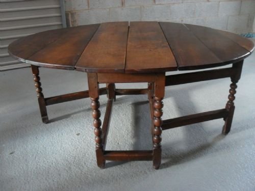 19th Cent Oak Drop Leaf Table on Bobbin Turned Supports