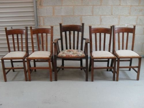 Set of 5 Oak High Art Nouveau Slat Backed Dining Chairs