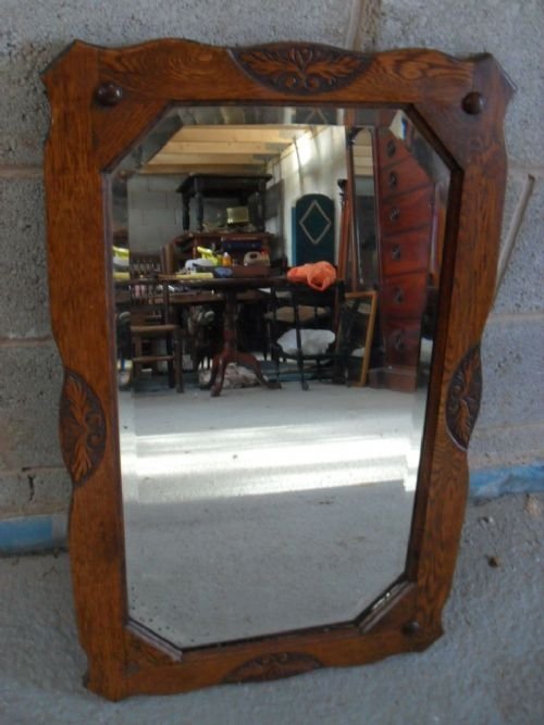 Carved Oak Framed Bevell Edged Mirror, Floral Carving