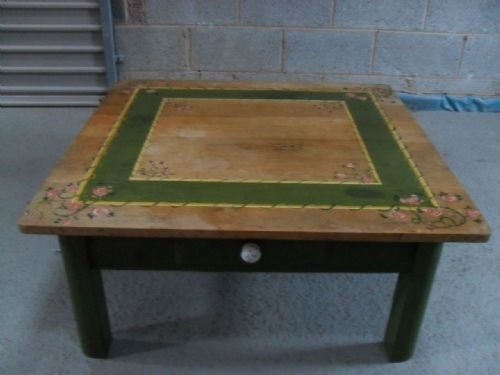 Ornately Painted Pine Square Coffee Table with Drawer