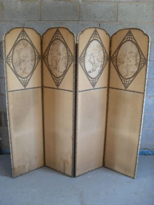 Victorian Four Fold Screen with Embroided Upholstery