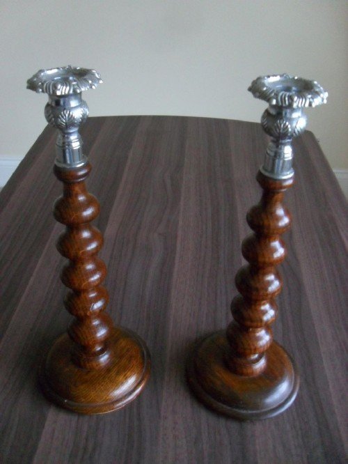 Pair of Oak Bobbin Turned Candlesticks
