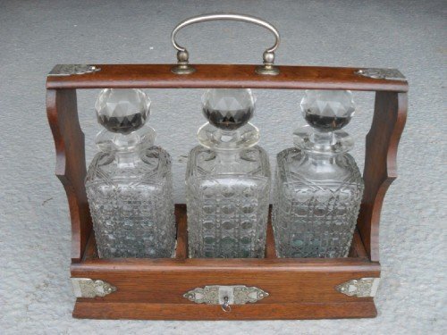 Victorian Oak 3 Bottle Tantalus with Lockable Drawer