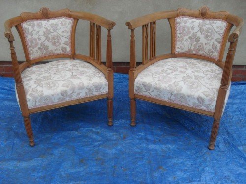 Pair of Edwardian Beech and Inlaid Tub Armchairs