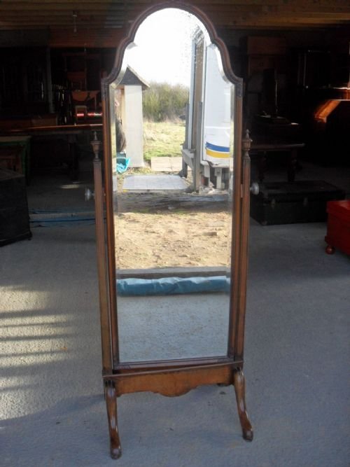 Walnut Framed Bevelled Cheval Mirror with Arched Top