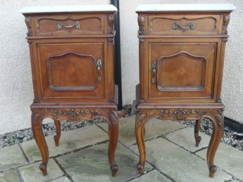 Pair of French Marble Top Carved Walnut Bedside Pot Cupboards