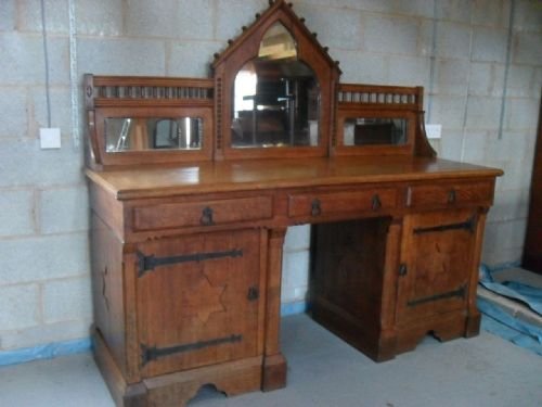 Victorian Oak Gothic Pedestal Mirror Backed Arts and Crafts Sideboard