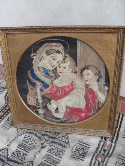 19th Century Framed Wool Needlework of Saints & Child