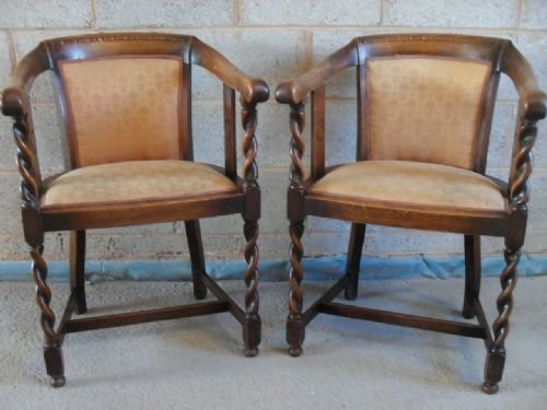 Pair of Oak Barley Twist Tub Armchairs