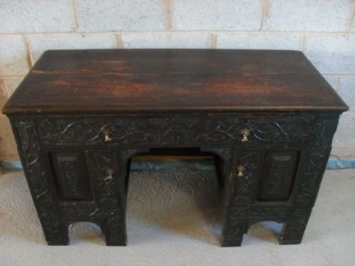 Unusual 18th Cent Heavy Carved Oak Desk/dressing Table