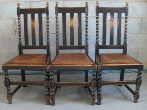 3 Oak Bobbin Turned Slat Backed Dining Chairs