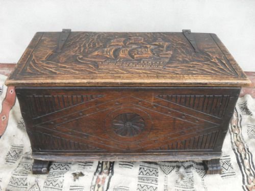 Sturdy Carved Oak Chest/coffer Set on Four Feet