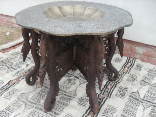 Carved Hardwood Burmese Fold Up Brass Bowl Topped Table