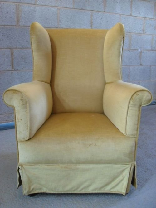 Edwardian Mustard Upholstered Armchair on Mahogany Legs