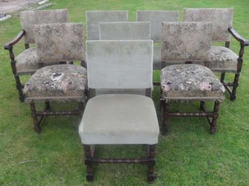 Set of Eight Sturdy Oak Upholstered Cromwellian Style Dining Chairs