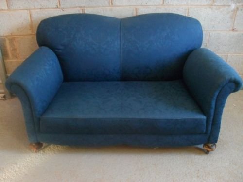 Edwardian Blue Upholstered Sofa with Drop End Action