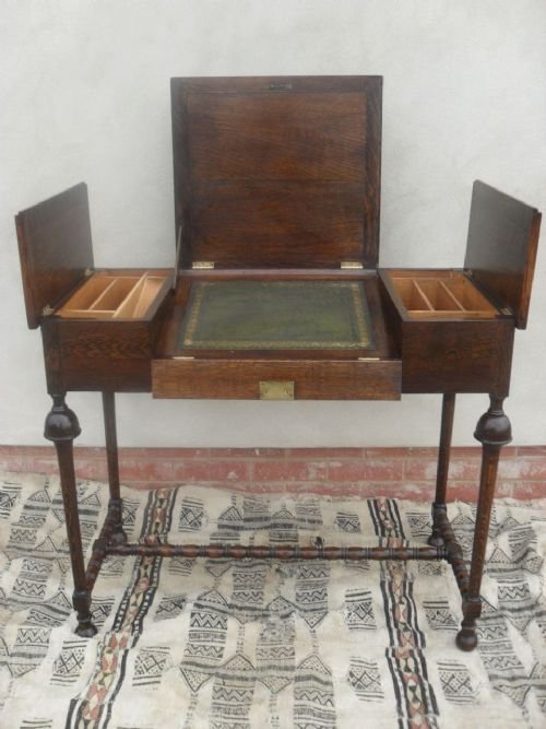 Unusual Oak Writing Table/desk with 3 Lift Up Lids