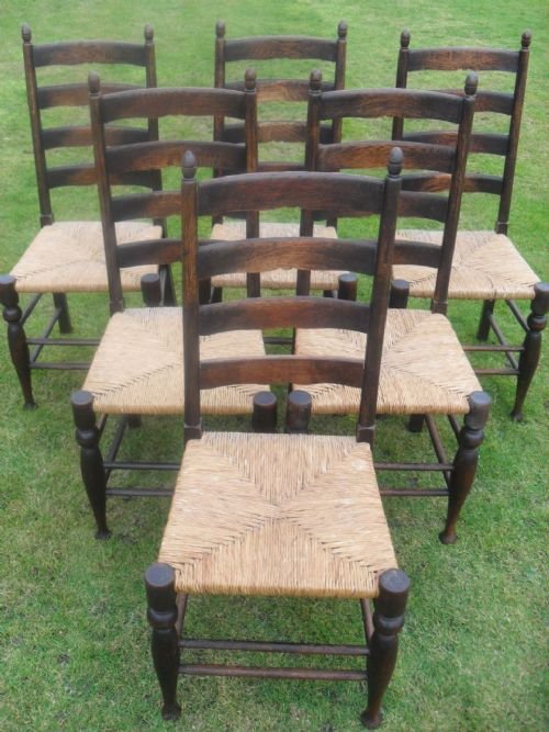 Set of Six Oak and Ash Ladder Back Dining Chairs