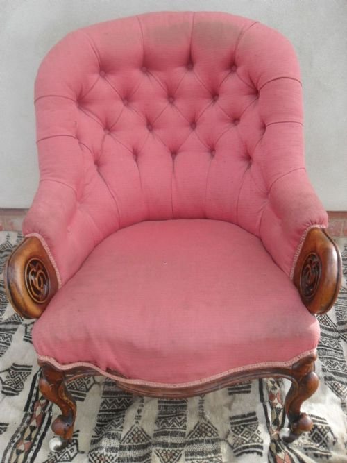 Victorian Walnut Show Wood Button Back Armchair