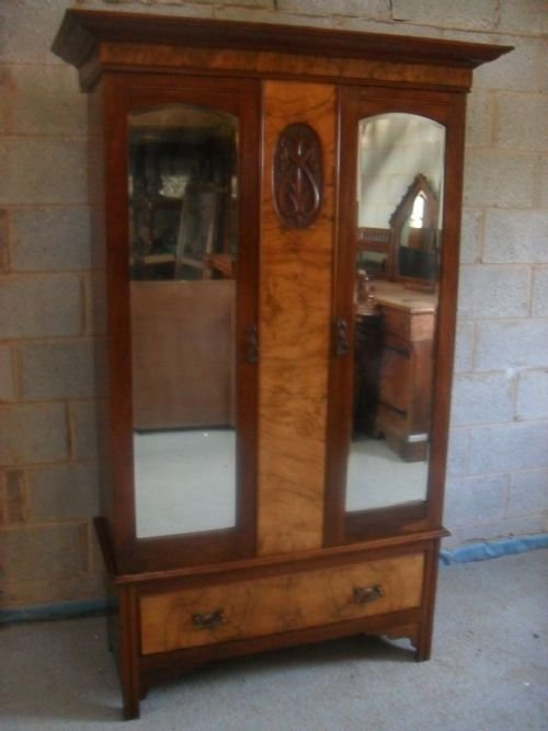 Edwardian 2 Colour Double Mirrored Door Walnut Wardrobe