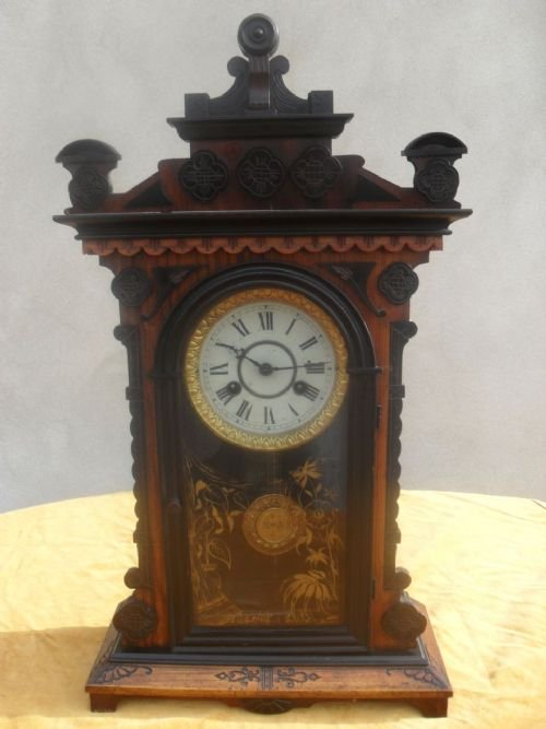 19th Cent German Walnut & Ebonised Carved Mantel Clock