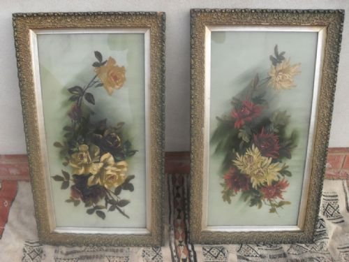 Pair of Framed Floral Painted Victorian Glass Panels