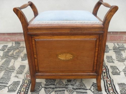 Oak Inlaid Piano Stool with Upholstered Lift Up Lid