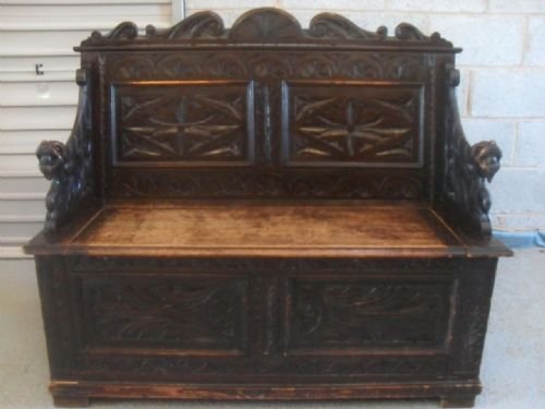 Victorian Carved Oak Boxed Seat Settle