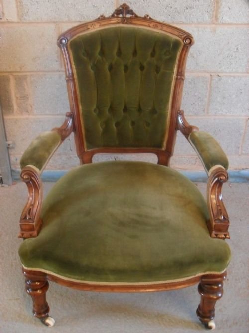 Victorian Walnut Carved Show Wood Fireside Armchair