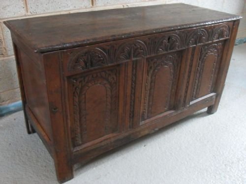 	
18th Century Carved Panelled Oak Coffer