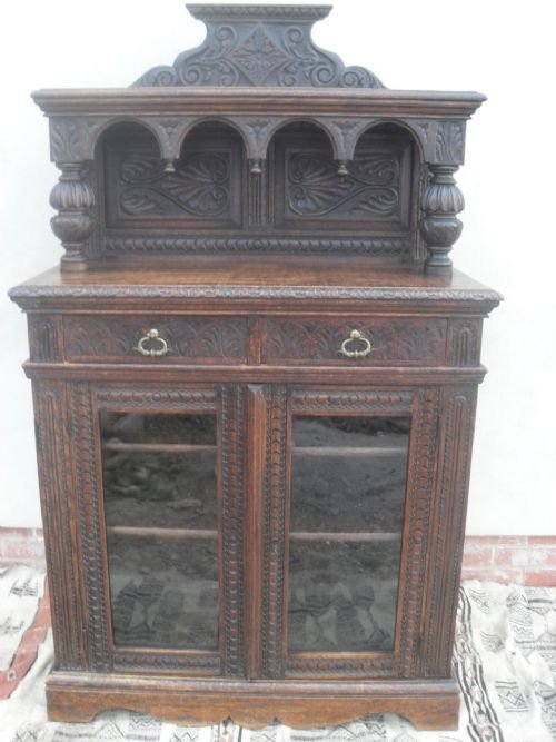 Victorian Gothic Carved Oak Side Cabinet Bookcase